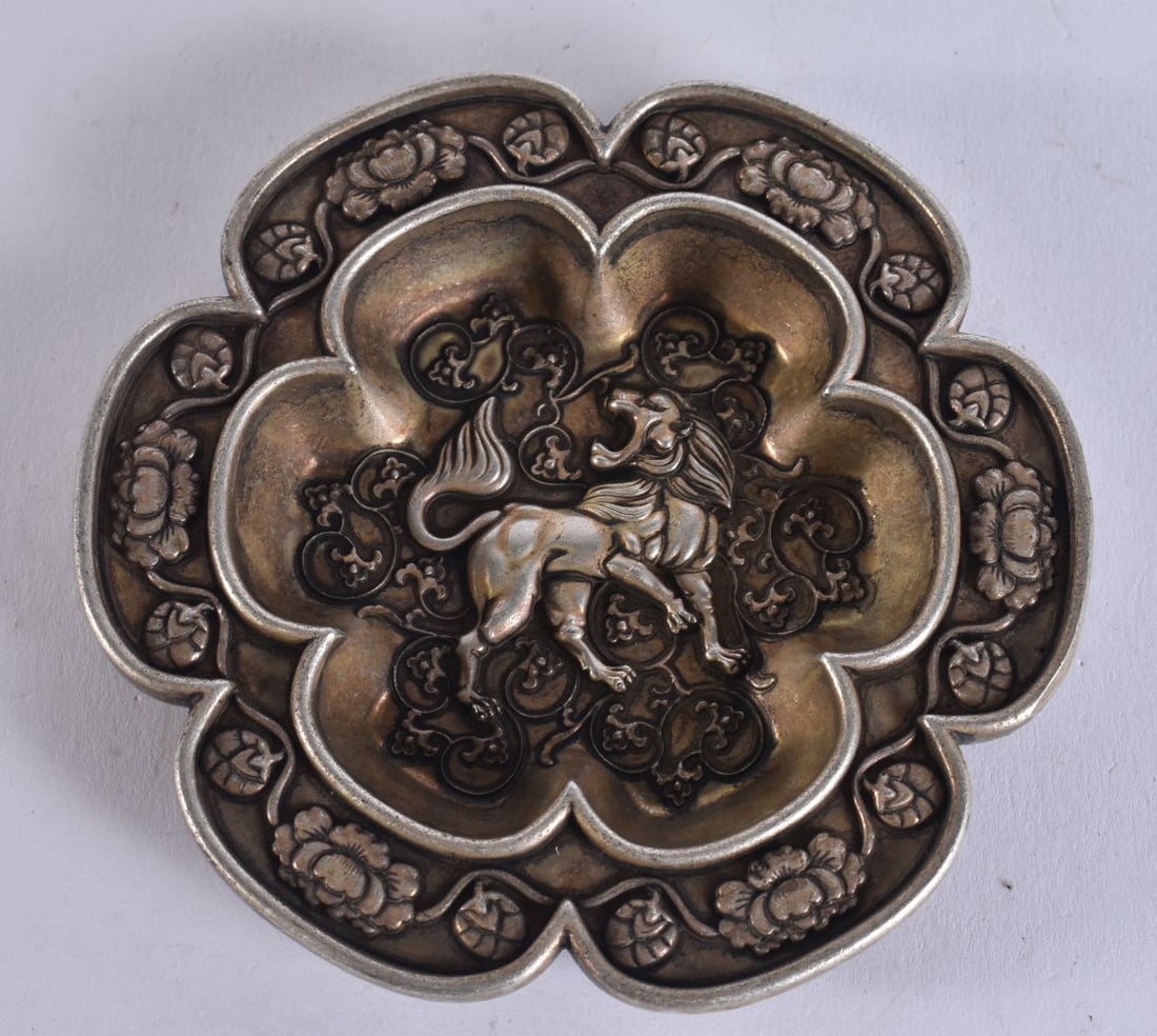 A CHINESE SILVERED BRONZE DISH. 8 cm wide. (1 of 3)