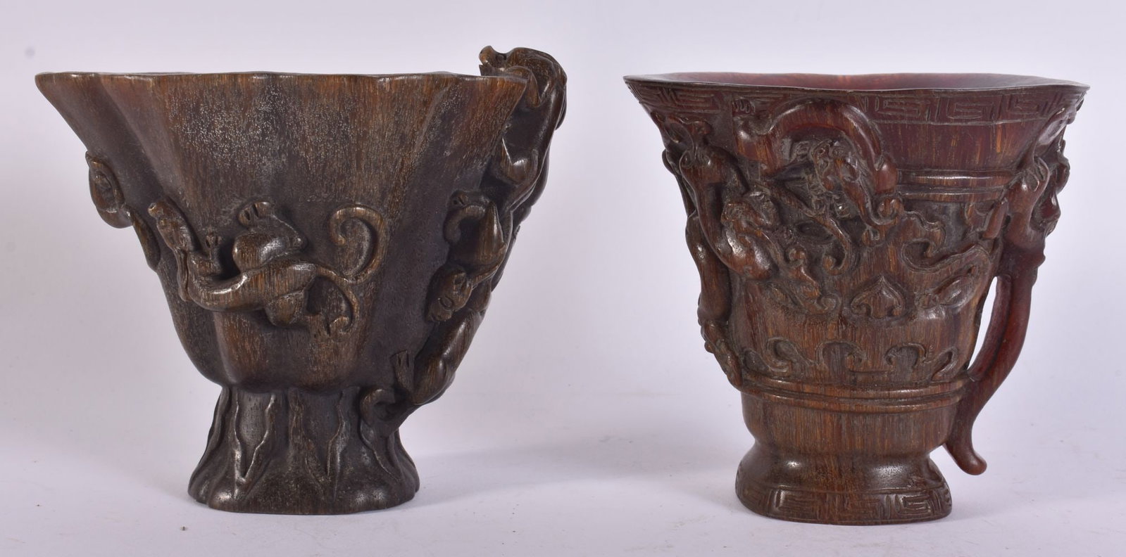 TWO CHINESE CARVED BUFFALO HORN TYPE LIBATION CUPS. 12 cm x 12 cm. (2) (1 of 7)