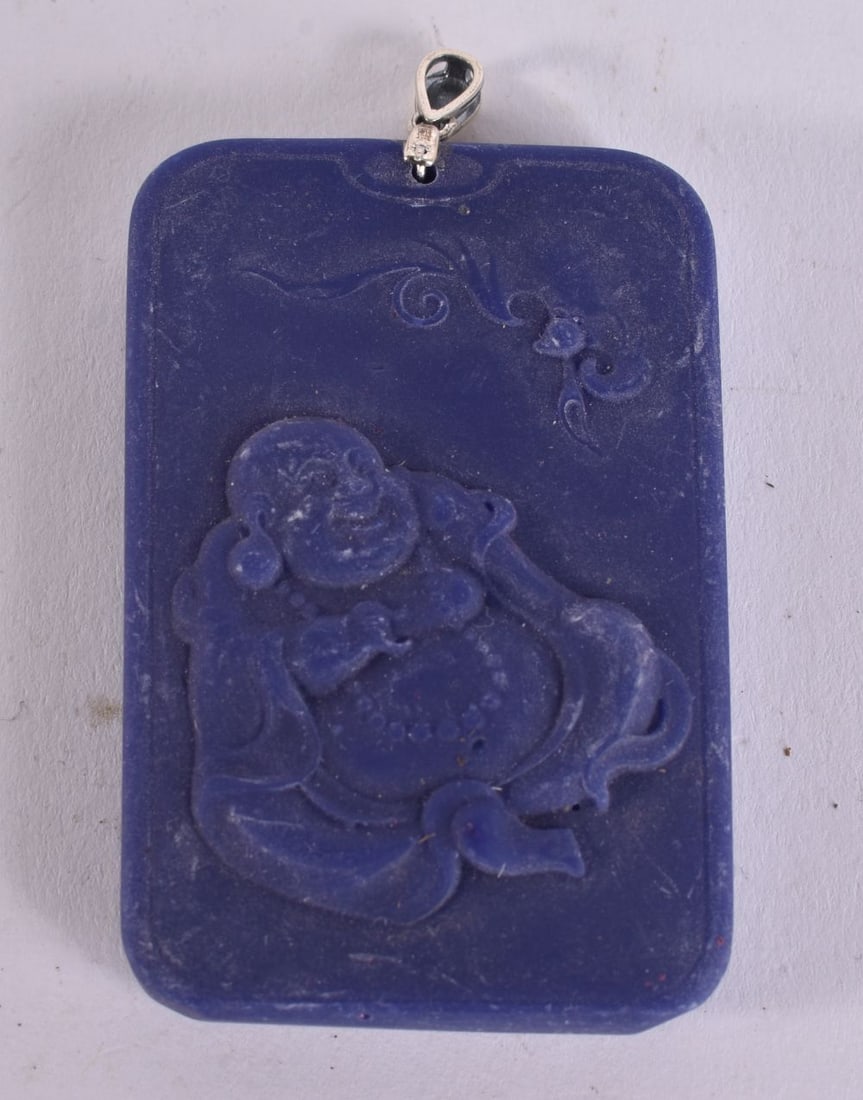 A CHINESE JADE BLUE PENDANT with silver mounts. 5.5 cm x 4.5 cm. (1 of 2)