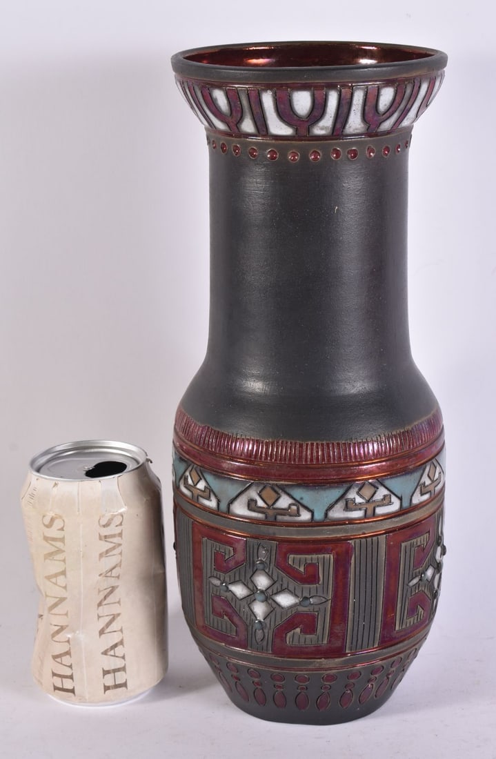AN UNUSUAL LUSTRE CERAMIC GEOMETRIC VASE. 29 cm high. (1 of 5)