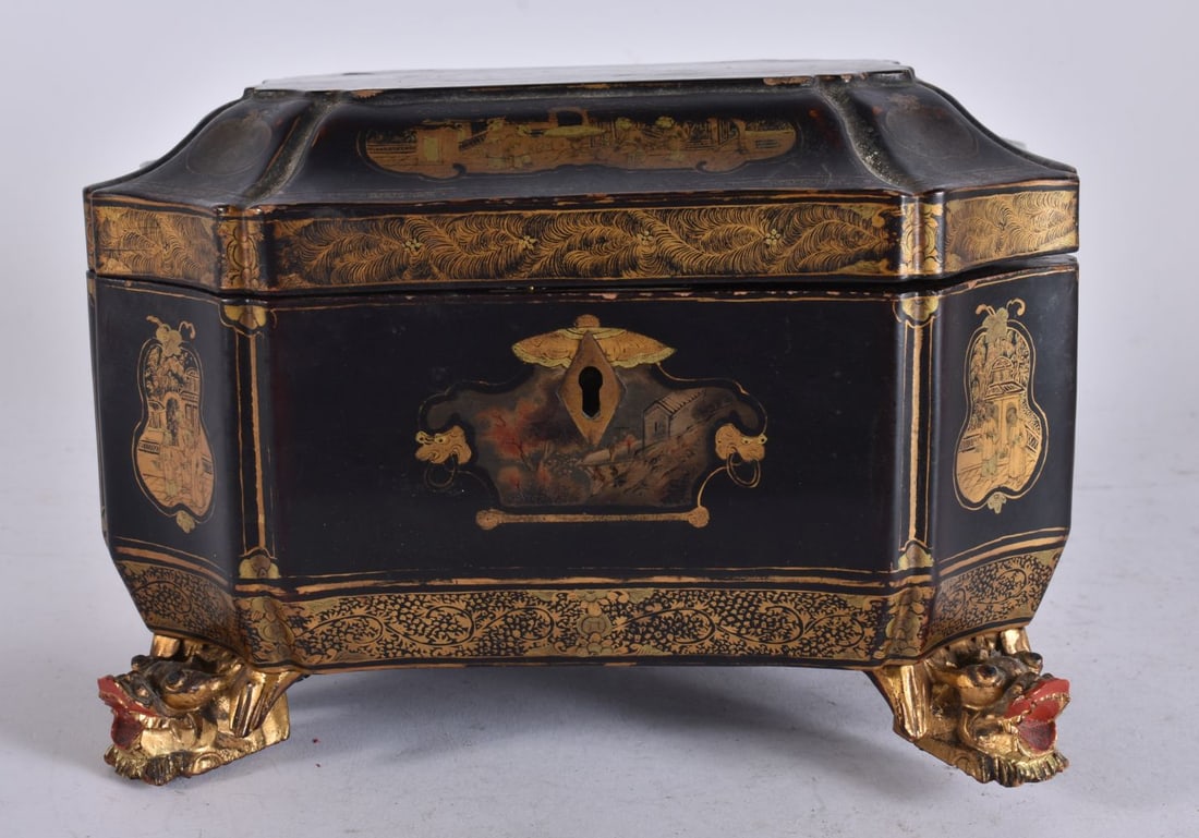 A 19TH CENTURY CHINESE EXPORT BLACK LACQUER TEA CADDY. 21 cm x 14 cm. (1 of 5)