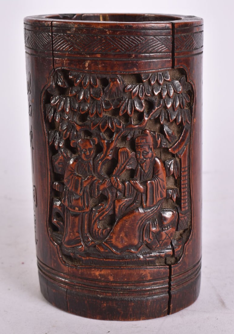 A CHINESE QING DYNASTY CARVED BAMBOO BITONG BRUSH POT. 12.5 cm high. (1 of 6)