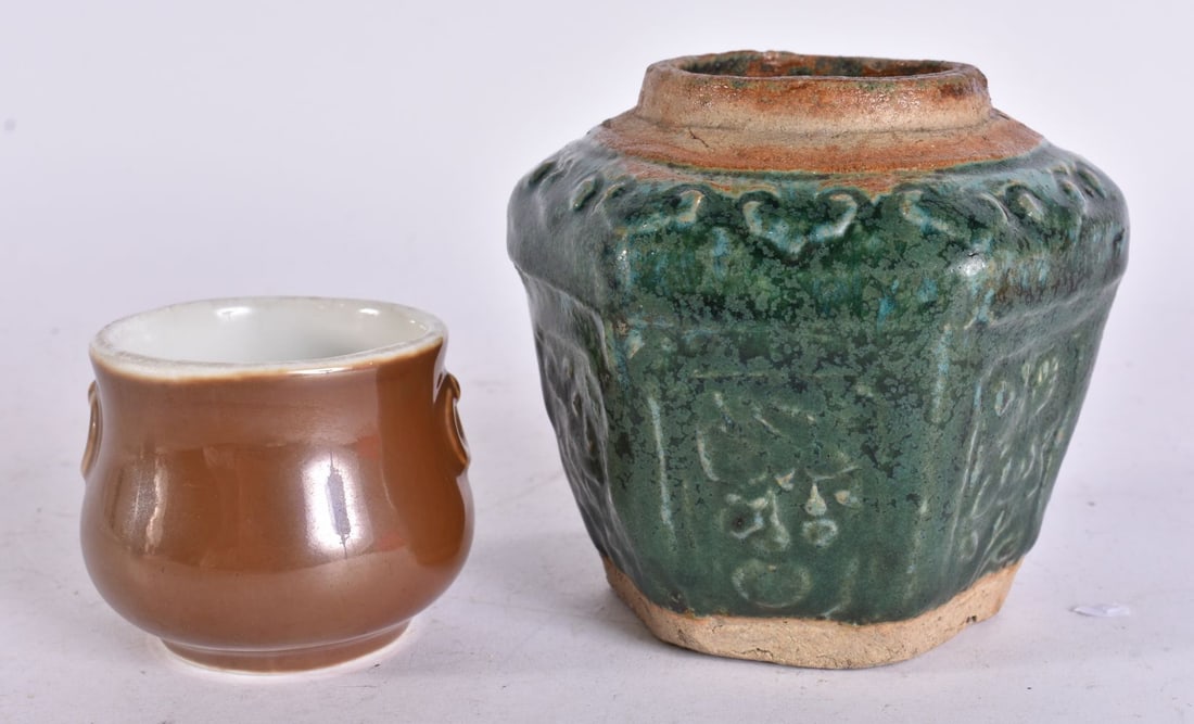 A CHINESE QING DYNASTY GREEN GLAZED JAR together with a cafe au lait censer. Largest 9.5 cm wide. (2 (1 of 5)