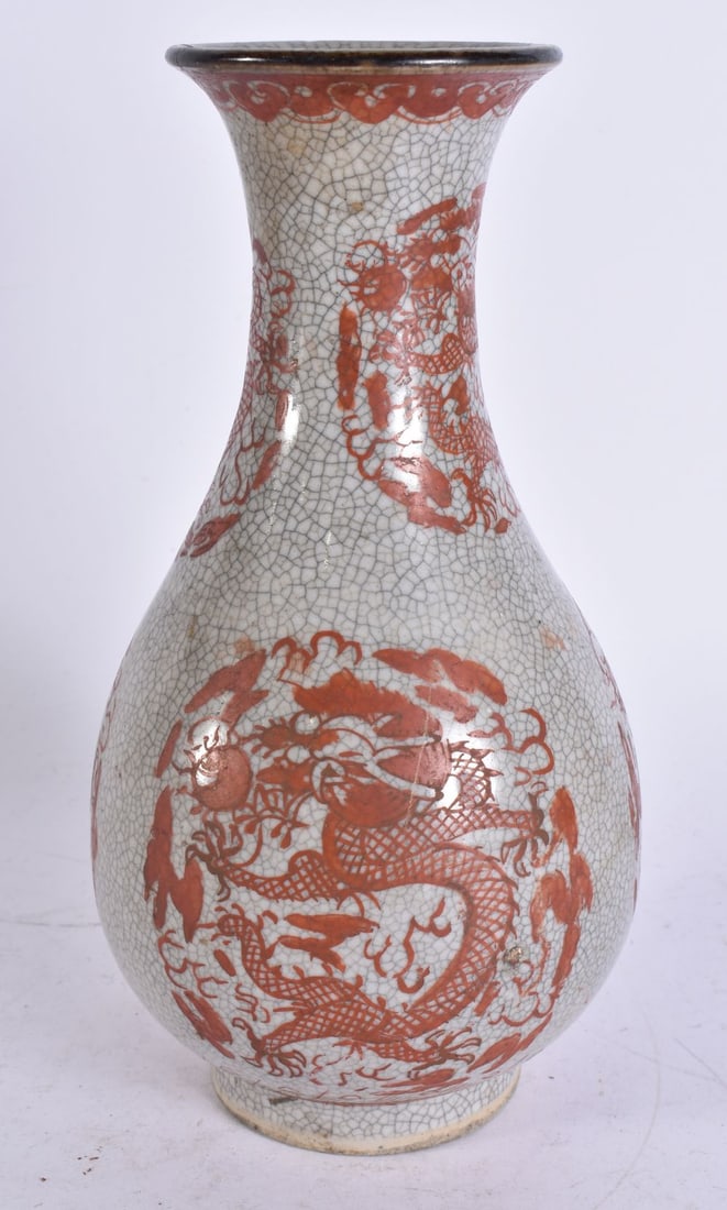 A CHINESE CRACKLE GLAZED DRAGON VASE. 23.5 cm high. (1 of 5)