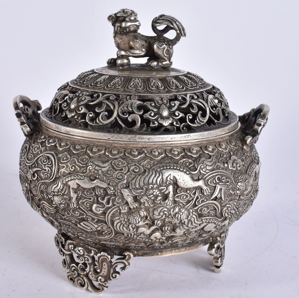 A CHIENSE WHITE METAL TWIN HANDLED BRONZE CENSER AND COVER. 626 grams. 13 cm x 13 cm. (1 of 7)