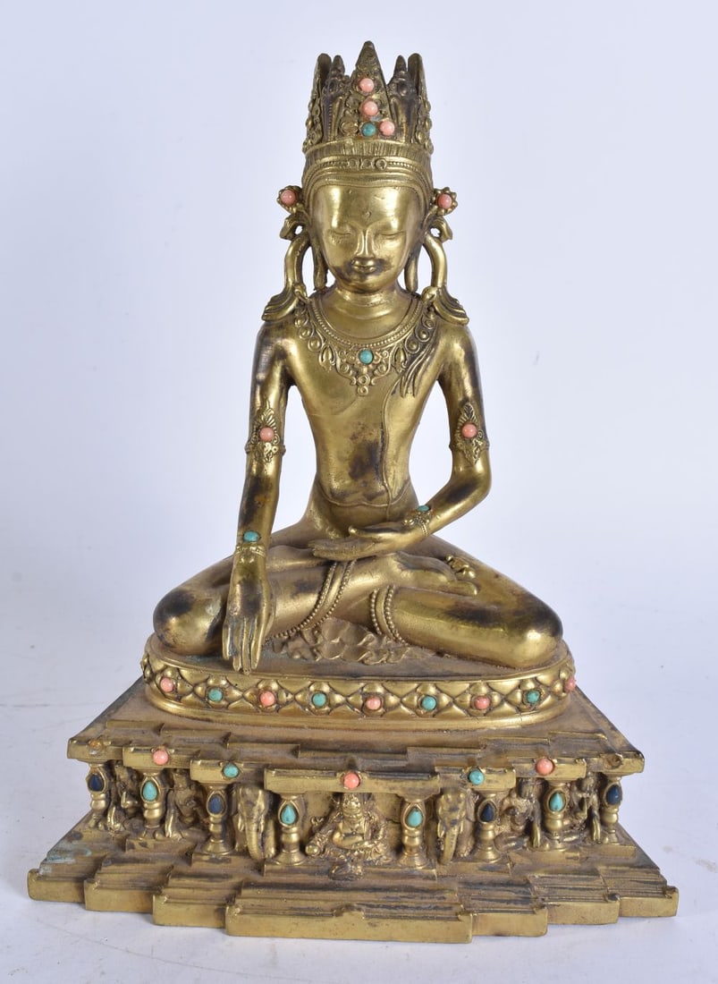 A TIBETAN GEM SET BRONZE BUDDHA. 25 cm x 14 cm. (1 of 7)