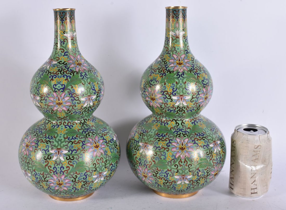 A PAIR OF CHINESE CLOISONNE ENAMEL DOUBLE GOURD VASES. 32 cm high. (1 of 5)