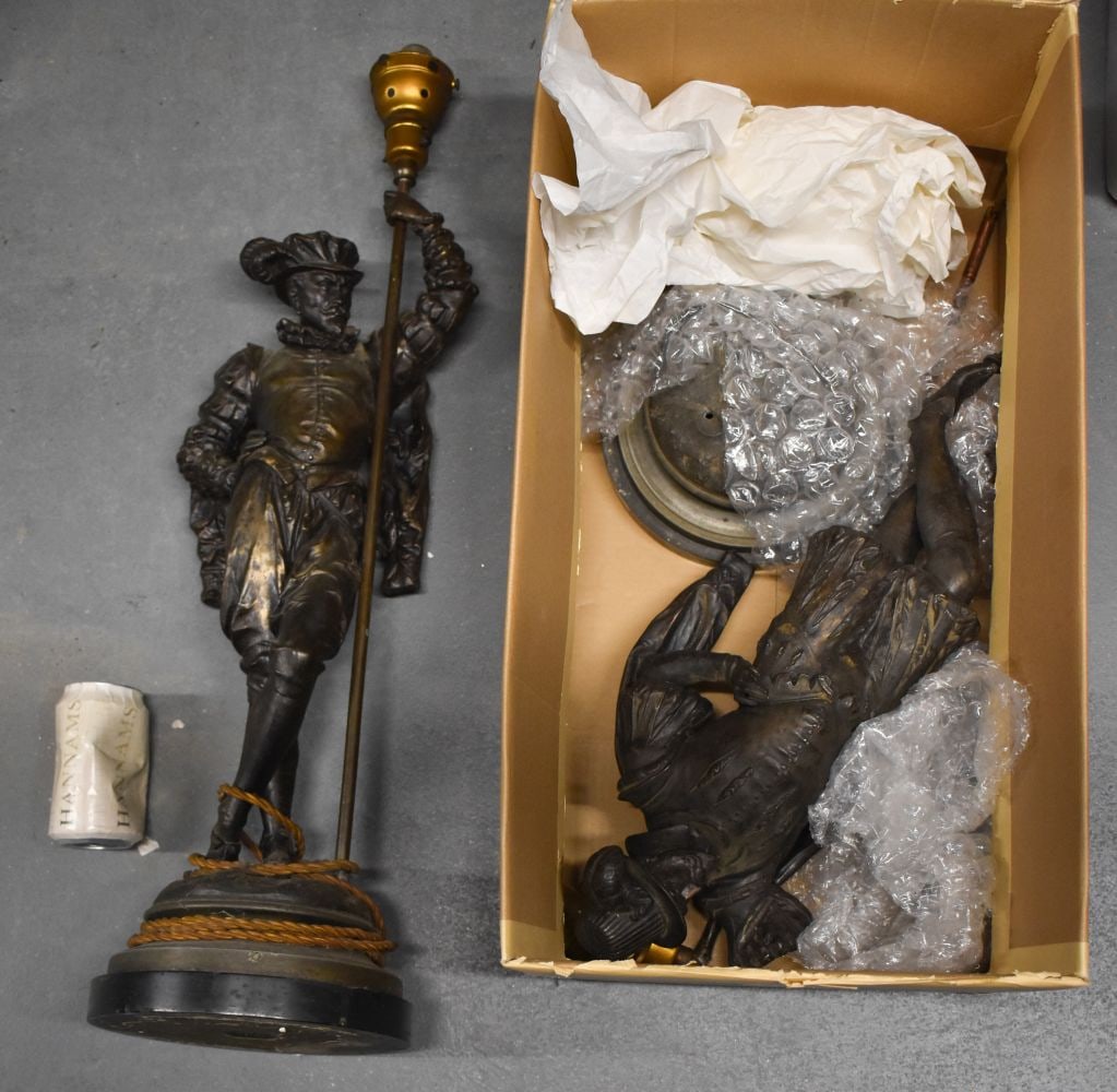 A PAIR OF VICTORIAN SPELTER FIGURAL LAMPS. 71 cm high. (1 of 1)