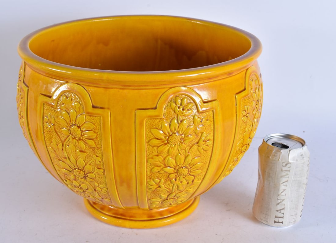 A FRENCH BURMANTOFTS MAJOLICA YELLOW GLAZED PLANTER. 30 cm x 23 cm. (1 of 4)