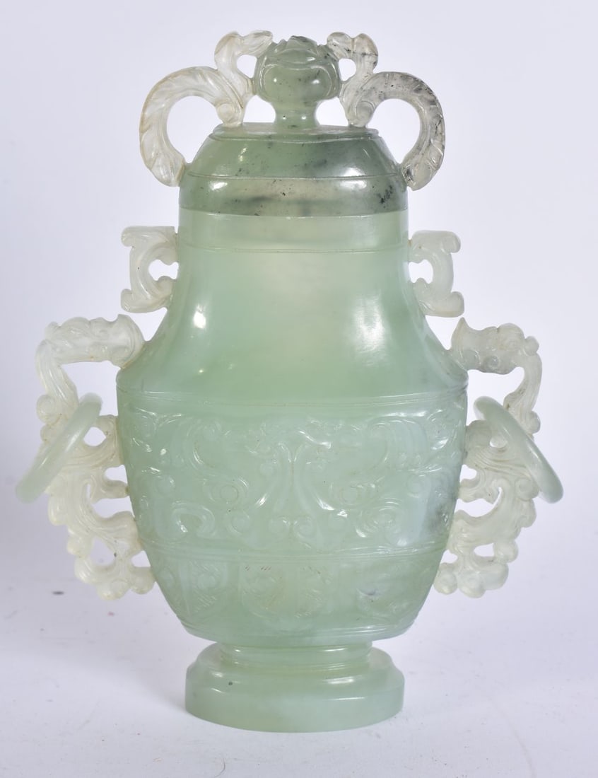 A LATE 19TH CENTURY CHINESE TWIN HANDLED JADE VASE AND COVER Late Qing. 16 cm x 9 cm. (1 of 6)