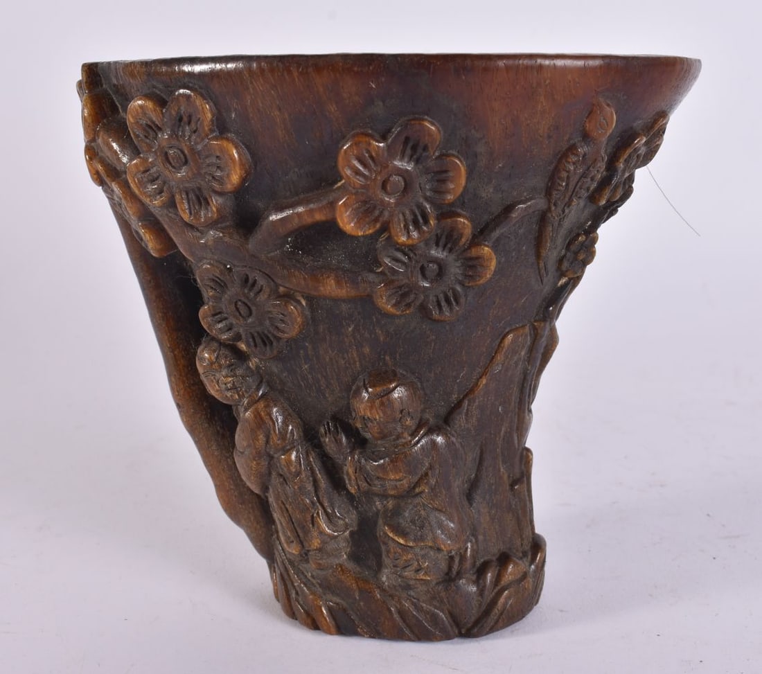 A CHINESE CARVED BUFFALO HORN TYPE LIBATION CUP. 13 cm x 13 cm. (1 of 5)
