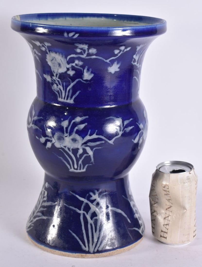 A 19TH CENTURY CHINESE BLUE MONOCHROME PORCELAIN GU FORM VASE Late Qing. 33 cm x 16 cm. (1 of 5)