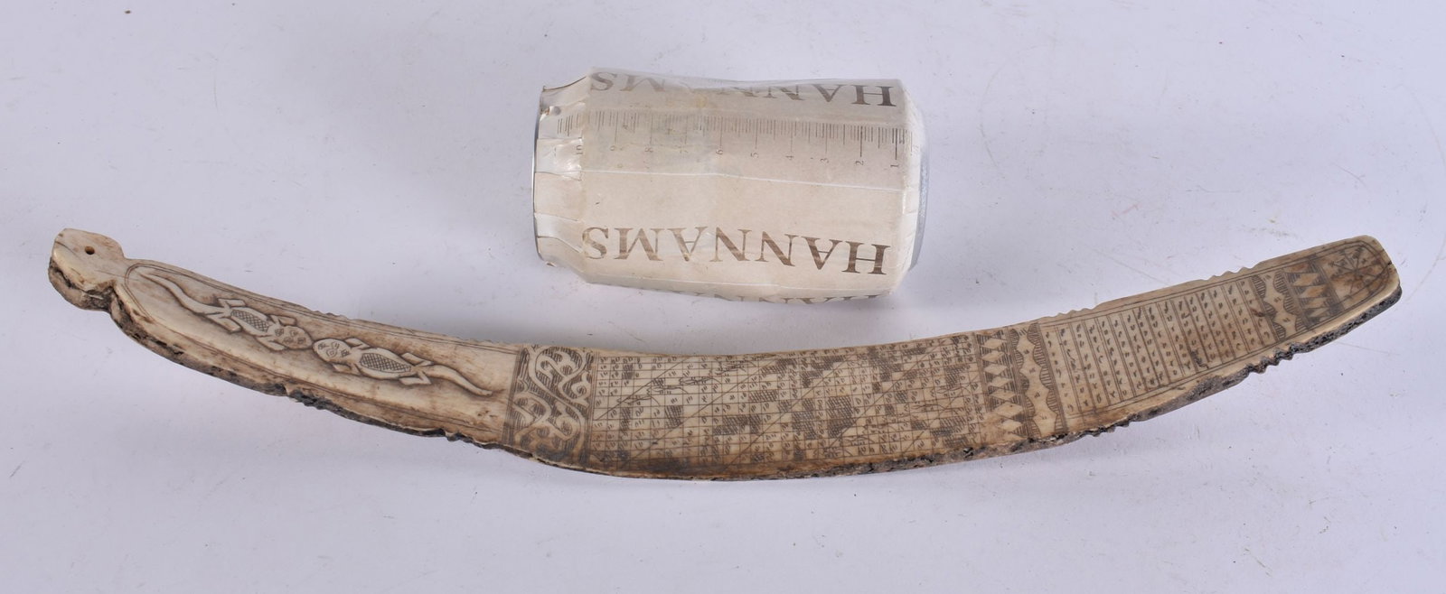 AN UNUSUAL TRIBAL CARVED BONE TOOL. 37 cm long. (1 of 5)