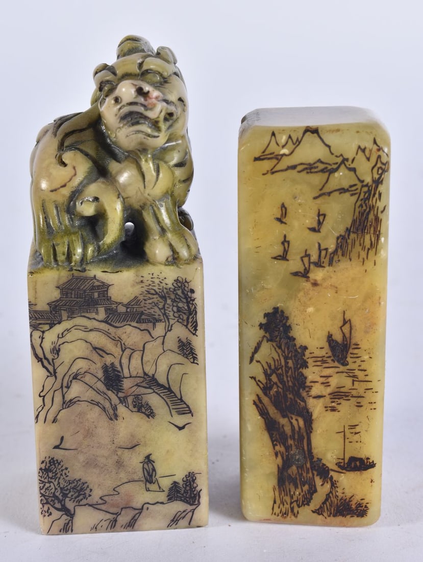 TWO CHINESE SOAPSTONE SEALS. 9 cm high. (2) (1 of 4)