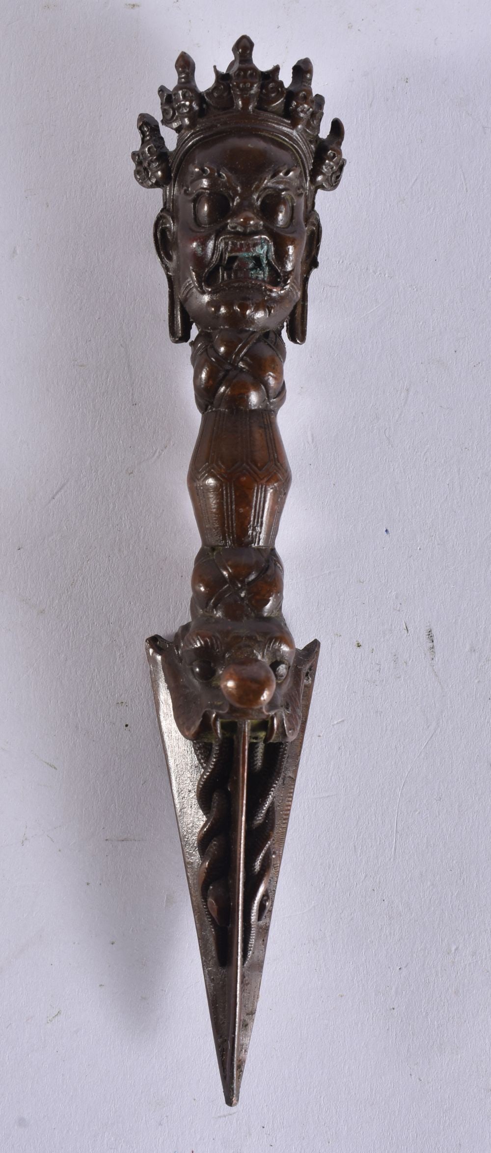 A TIBETAN BROZE PHURBA. 15 cm long. (1 of 3)