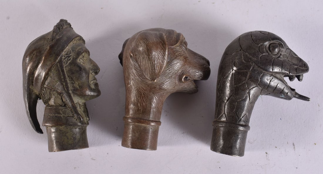THREE CHINESE BRONZE CANE HANDLES. 8.5 cm long. (3) (1 of 5)