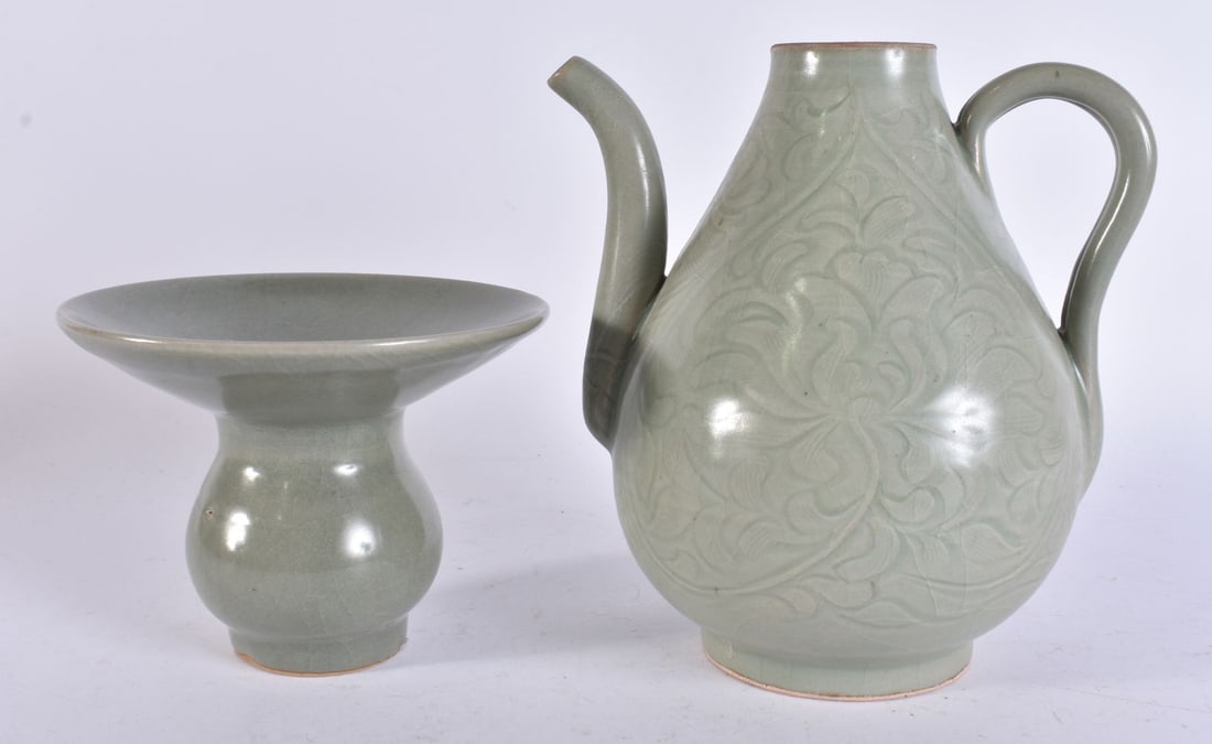 A CHINESE CELADON YAOZHAO EWER together with a spittoon. Largest 18 cm x 14 cm. (2) (1 of 5)