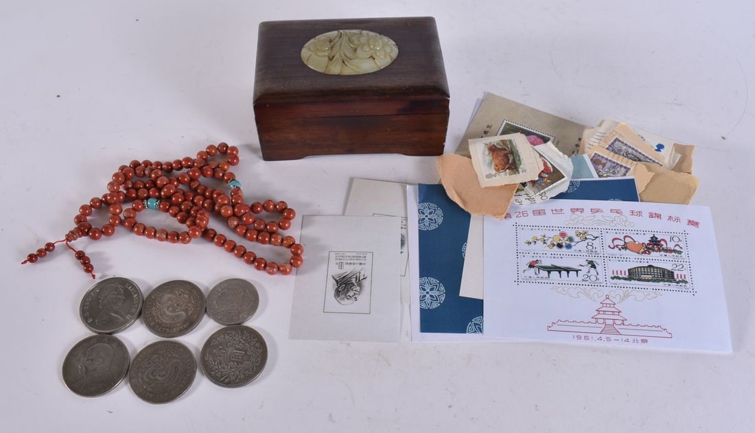 A CHINESE JADE INSET HARDWOOD BOX together with coins, stamps etc. (qty) (1 of 8)