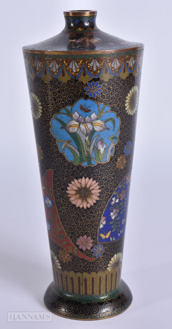 A 19TH CENTURY JAPANESE MEIJI PERIOD CONICAL FORM CLOISONNE ENAMEL VASE decorated with foliage. 16 c (1 of 5)
