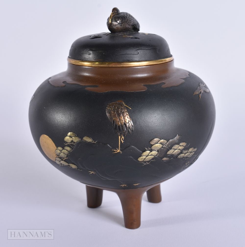 A JAPANESE SILVER ONLAID SHAKUDO AND BRONZE MIXED METAL CENSER AND COVER decorated with birds in fli (1 of 8)