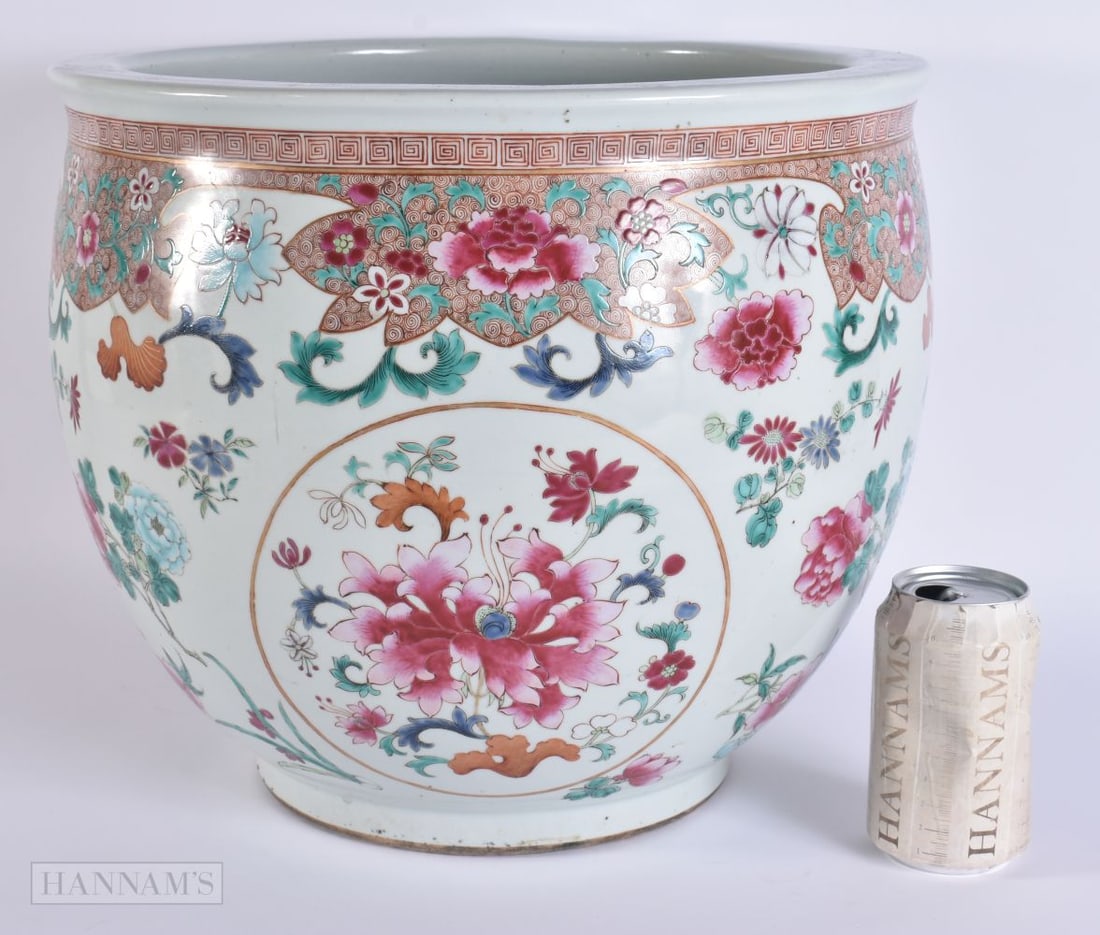 A LARGE 19TH CENTURY CHINESE FAMILLE ROSE PORCELAIN JARDINIERE painted with flowers. 36 cm x 30 cm.: A LARGE 19TH CENTURY CHINESE FAMILLE ROSE PORCELAIN JARDINIERE painted with flowers. 36 cm x 30 cm.