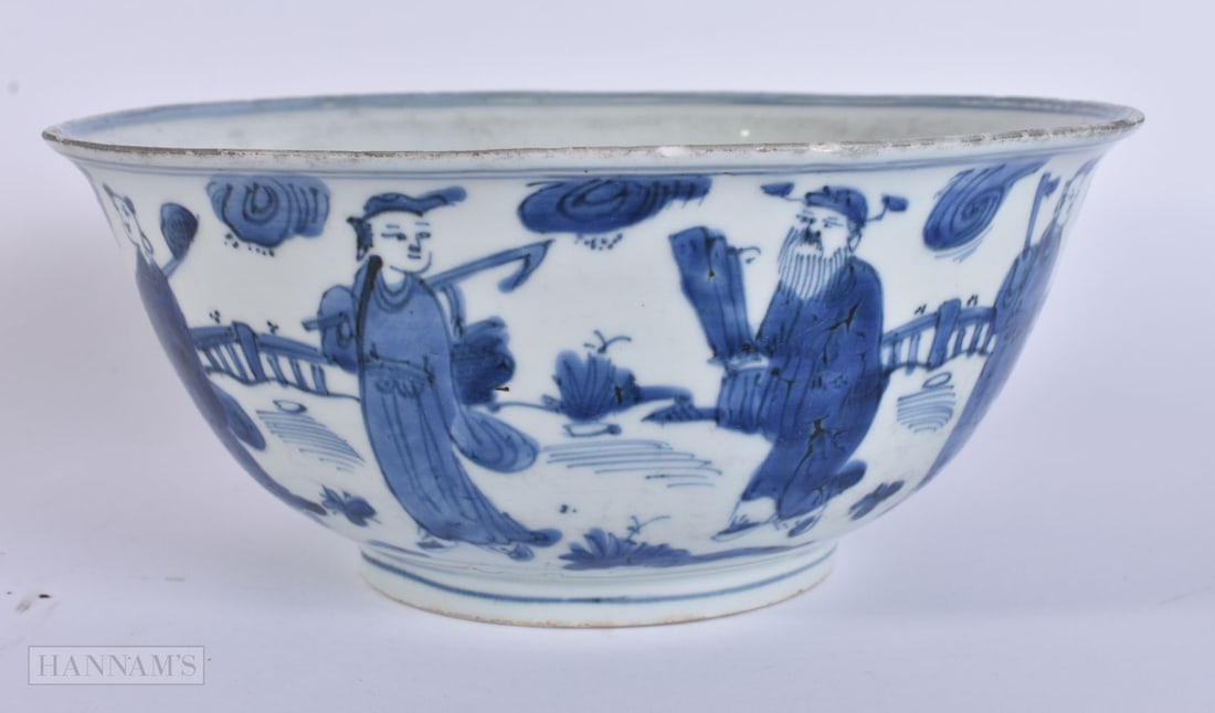 A CHINESE QING DYNASTY BLUE AND WHITE PORCELAIN BOWL bearing Chenghua marks to base. 21 cm wide. (1 of 5)