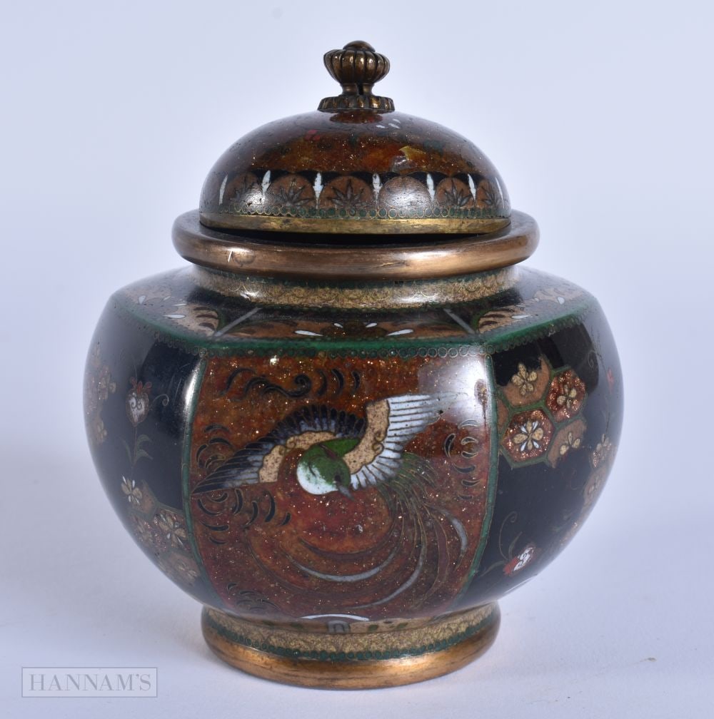 A 19TH CENTURY JAPANESE MEIJI PERIOD CLOISONNE ENAMEL JAR AND COVER possibly from the Namikawa works: A 19TH CENTURY JAPANESE MEIJI PERIOD CLOISONNE ENAMEL JAR AND COVER possibly from the Namikawa workshop. 10 cm x 8 cm.