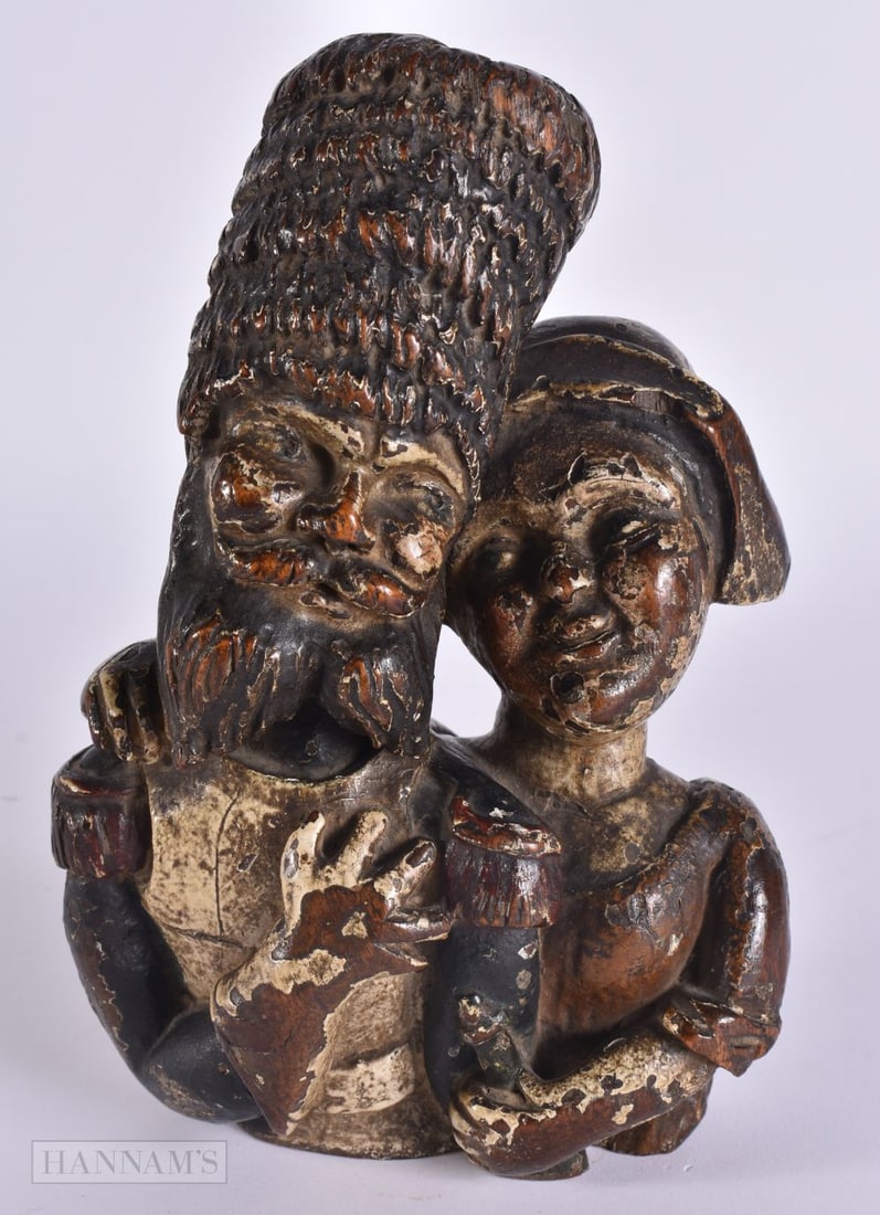 A FINE 18TH/19TH CENTURY RUSSIAN PAINTED AND LACQUERED WOOD BUST modelled as a male and female. 20 c (1 of 8)