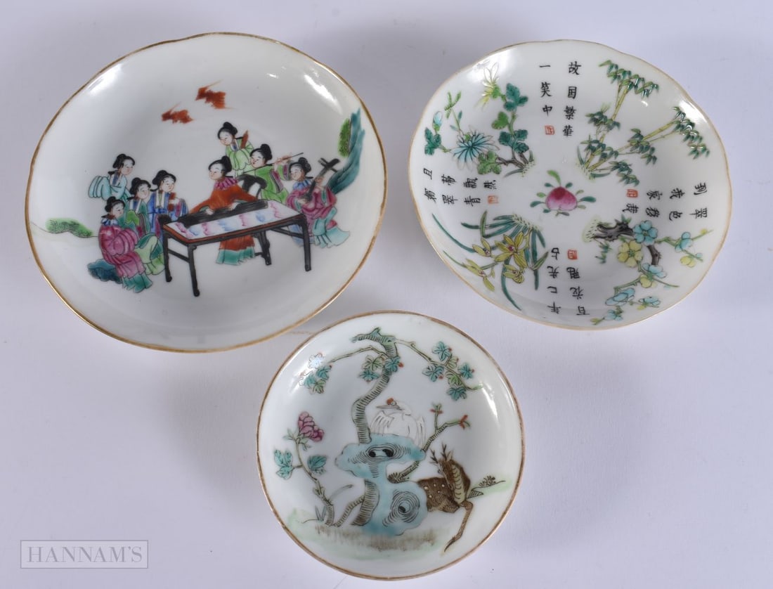 THREE LATE 19TH CENTURY CHINESE FAMILLE ROSE PORCELAIN SAUCERS. Largest 13 cm wide. (3) (1 of 5)