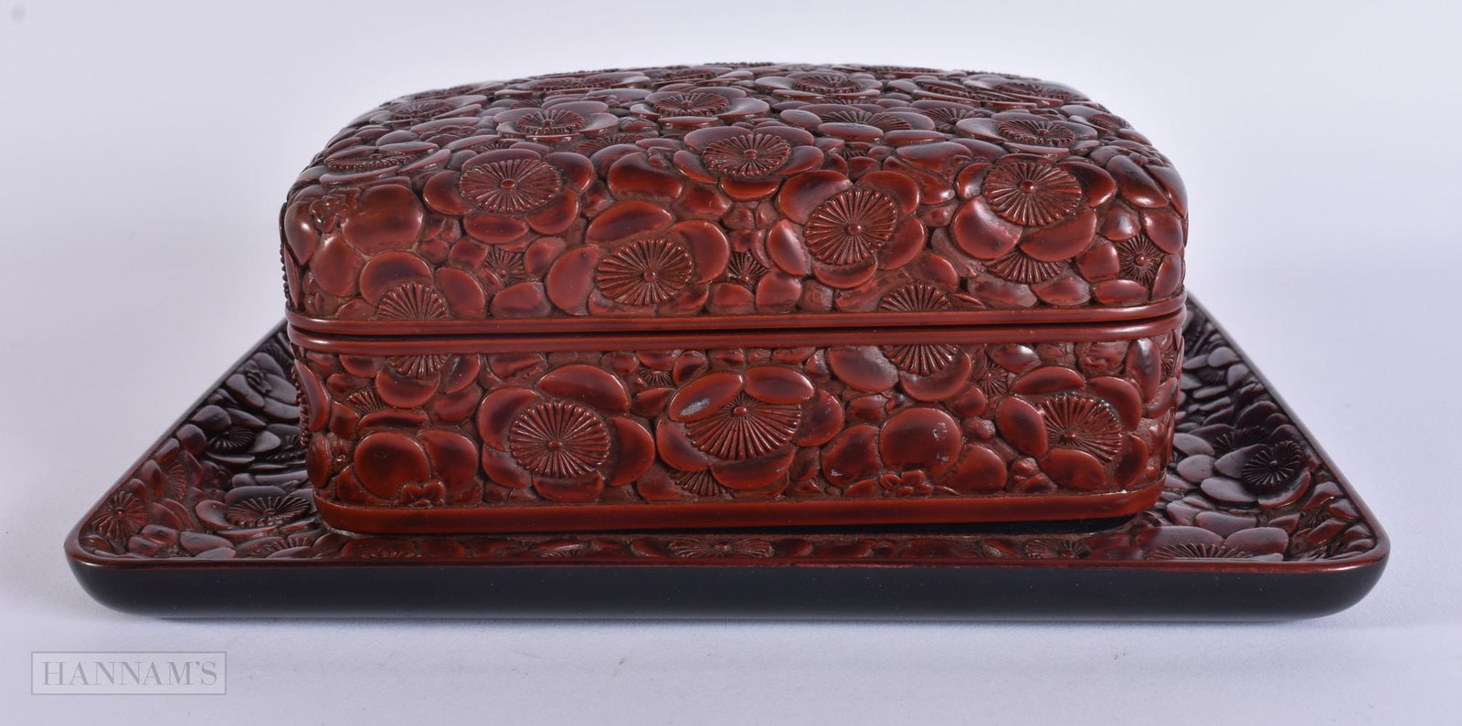 AN EARLY 20TH CENTURY JAPANESE MEIJI PERIOD RED LACQUER BOX AND COVER ON STAND ex Sotheby's. 20 cm x: AN EARLY 20TH CENTURY JAPANESE MEIJI PERIOD RED LACQUER BOX AND COVER ON STAND ex Sotheby's. 20 cm x 18 cm. (2)