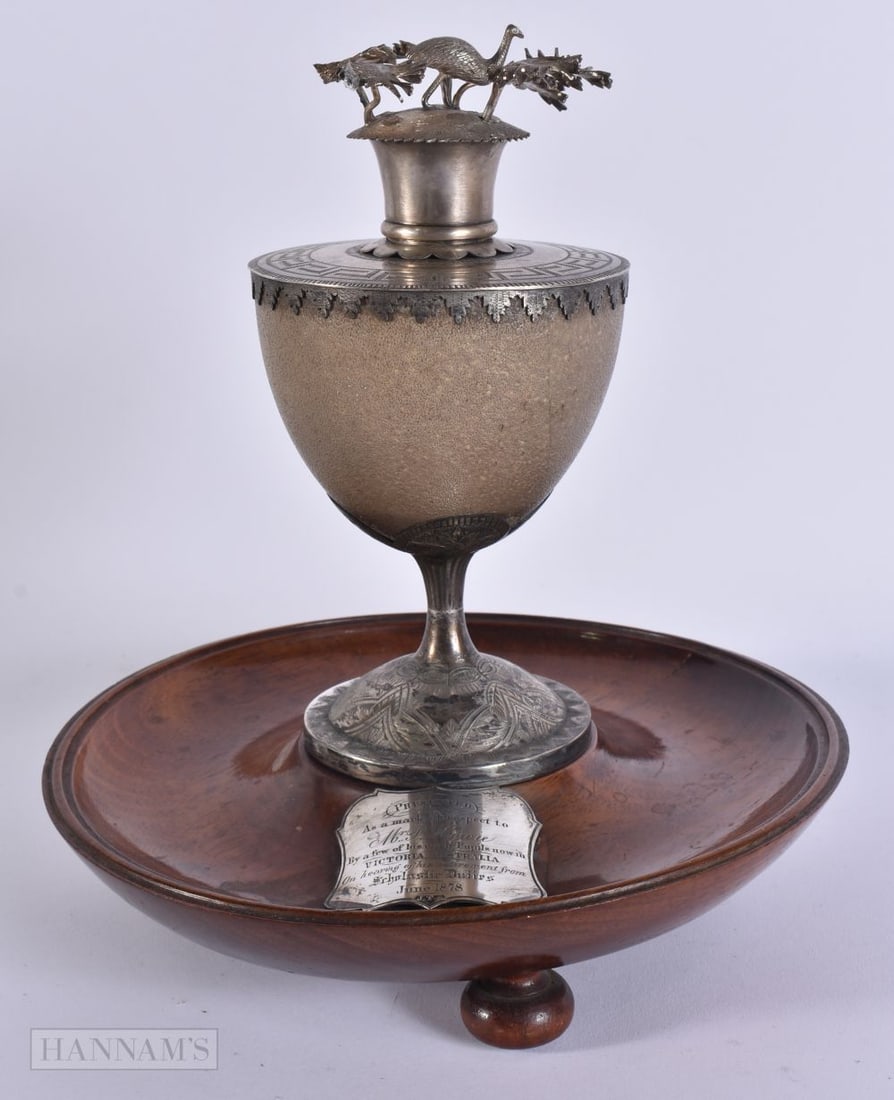 A RARE VICTORIAN AUSTRALIA INTEREST SILVER PRESENTATION EGG INKWELL AND COVER presented to Mr P Howi: A RARE VICTORIAN AUSTRALIA INTEREST SILVER PRESENTATION EGG INKWELL AND COVER presented to Mr P Howie by pupils from Victoria (Australia) on his retirement. 22 cm x 18 cm.
