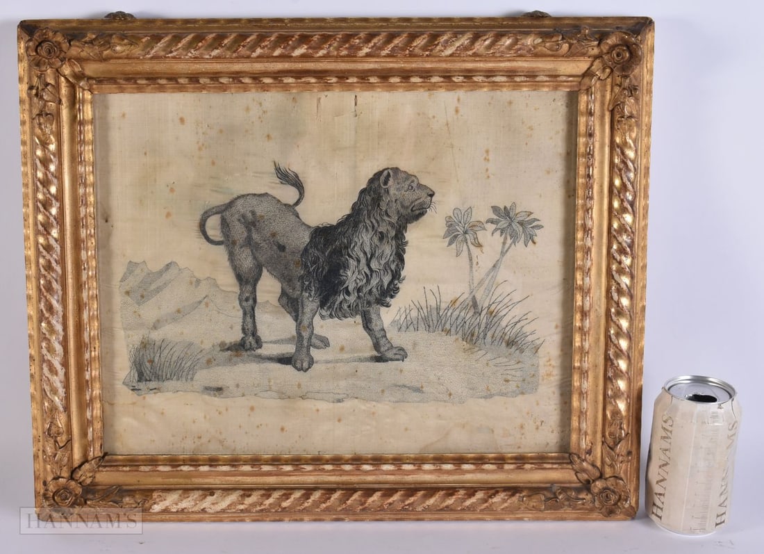 A GEORGE III SILK PICTURE OF A LION. 48 cm x 40 cm, image 36 cm x 28 cm.: A GEORGE III SILK PICTURE OF A LION. 48 cm x 40 cm, image 36 cm x 28 cm.