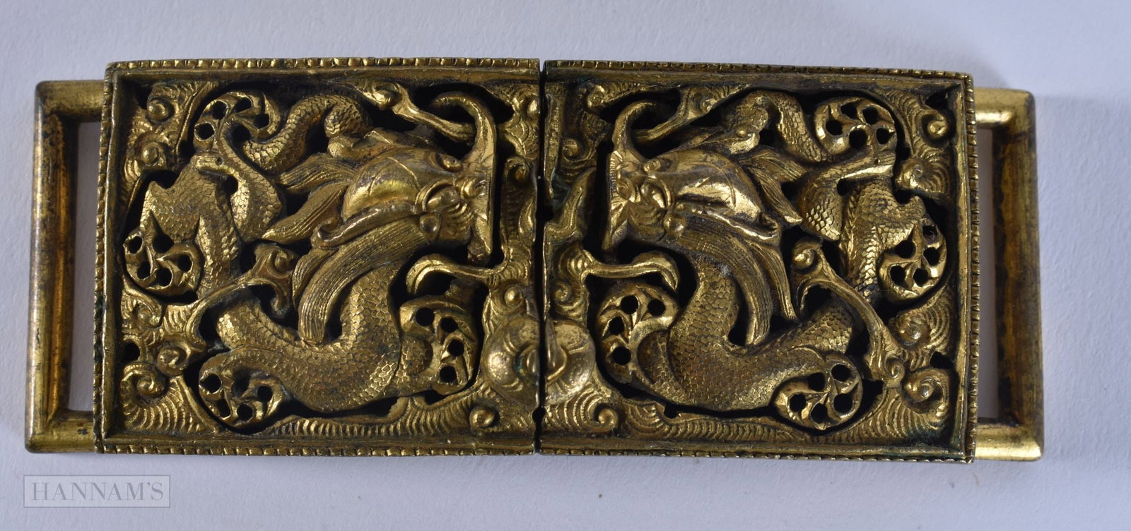 A FINE 18TH CENTURY CHINESE GILT BRONZE RETICULATED BRONZE DRAGON BELT BUCKLE Qianlong. 8 cm x 3.5 c (1 of 7)
