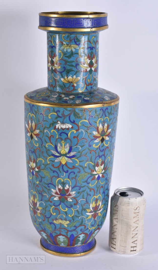 A LARGE 19TH CENTURY CHINESE CLOISONNE ENAMEL ROULEAU VASE Late Qing. 42 cm high. (1 of 6)