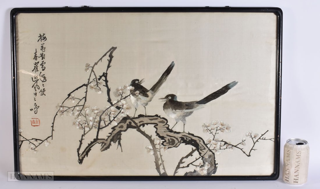 AN EARLY 20TH CENTURY CHINESE SILK EMBROIDERED BIRD PANEL Late Qing. 72 cm x 46 cm. (1 of 7)
