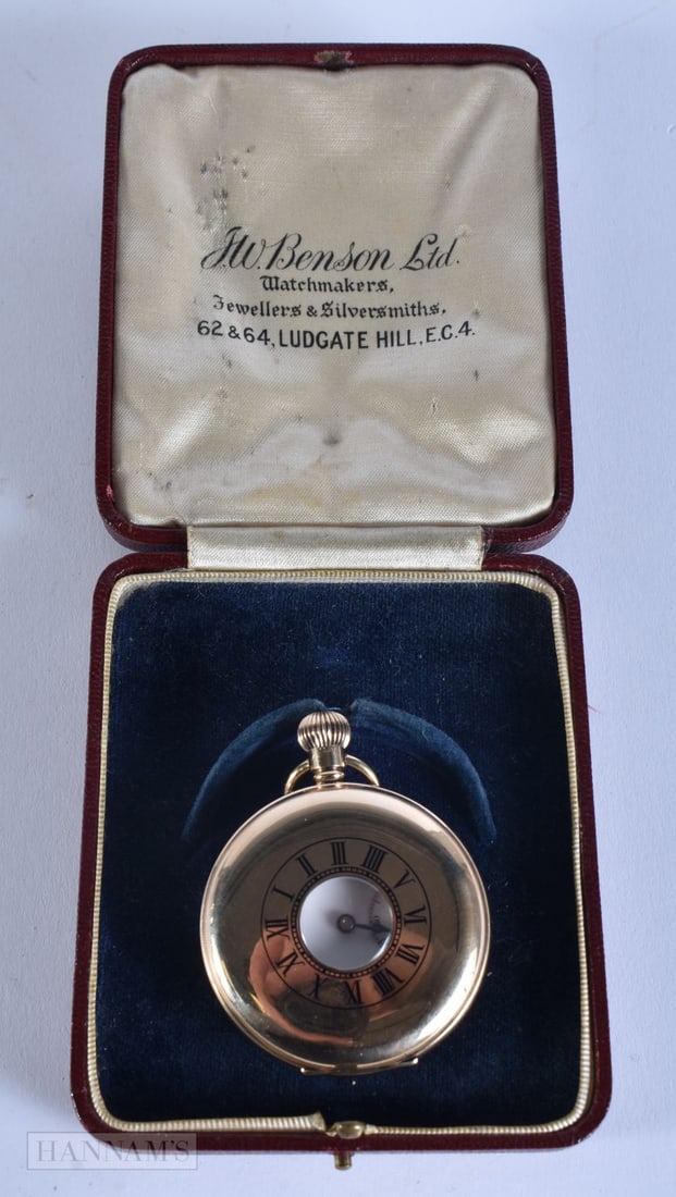 A LOVELY 9CT GOLD J W BENSON HALF HUNTER POCKET WATCH. Running. 63.8 grams overall. 4.5 cm wide. (1 of 5)