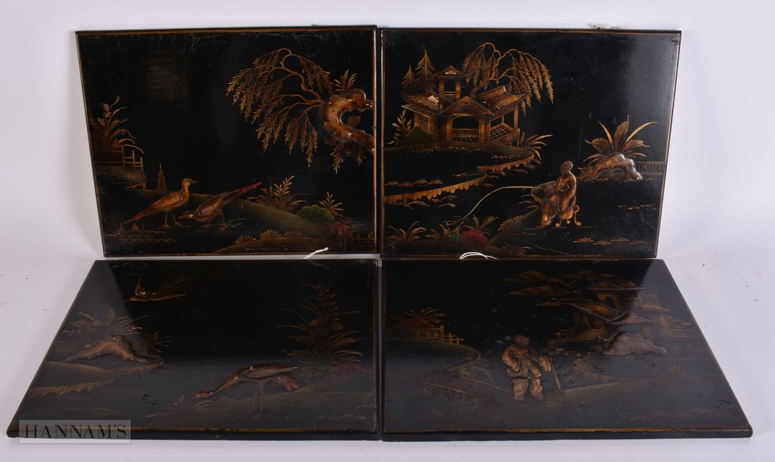 FOUR 18TH/19TH CENTURY ENGLISH COUNTRY HOUSE CHINOISERIE LACQUERED PANELS. 27 cm x 20 cm. (4) (1 of 10)
