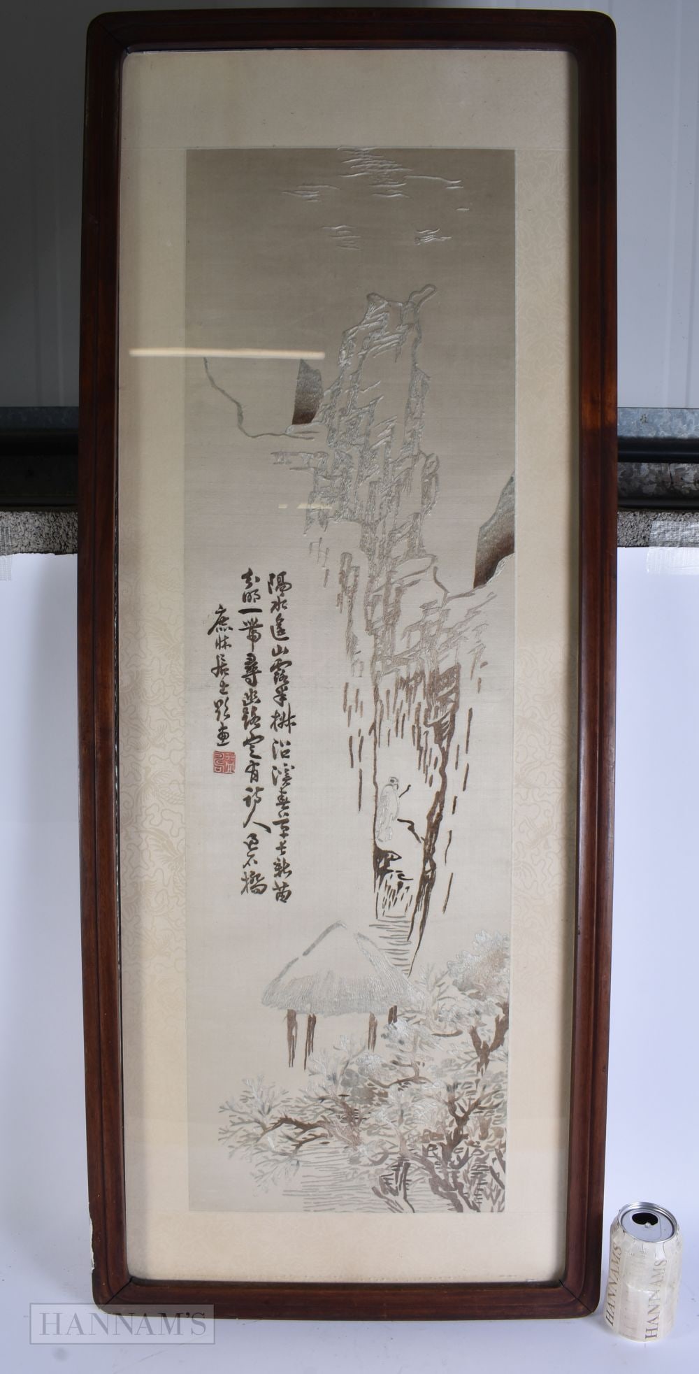 A LARGE EARLY 20TH CENTURY CHINESE SILK EMBROIDERED LANDSCAPE PANEL Late Qing/Republic. 122 cm x 46: A LARGE EARLY 20TH CENTURY CHINESE SILK EMBROIDERED LANDSCAPE PANEL Late Qing/Republic. 122 cm x 46 cm.