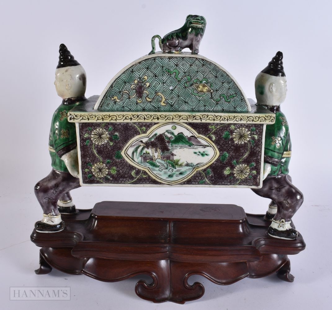 A VERY RARE CHINESE QING DYNASTY FAMILLE VERTE PORCELAIN CENSER AND COVER unusually formed with two (1 of 20)