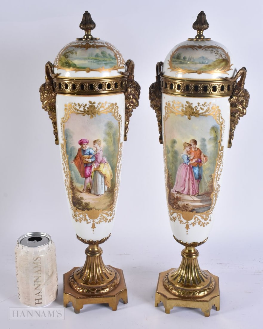 A Pair of Sevres Style Vases and Covers, with gilt metal mounts and raised on square supports. 47 cm (1 of 8)
