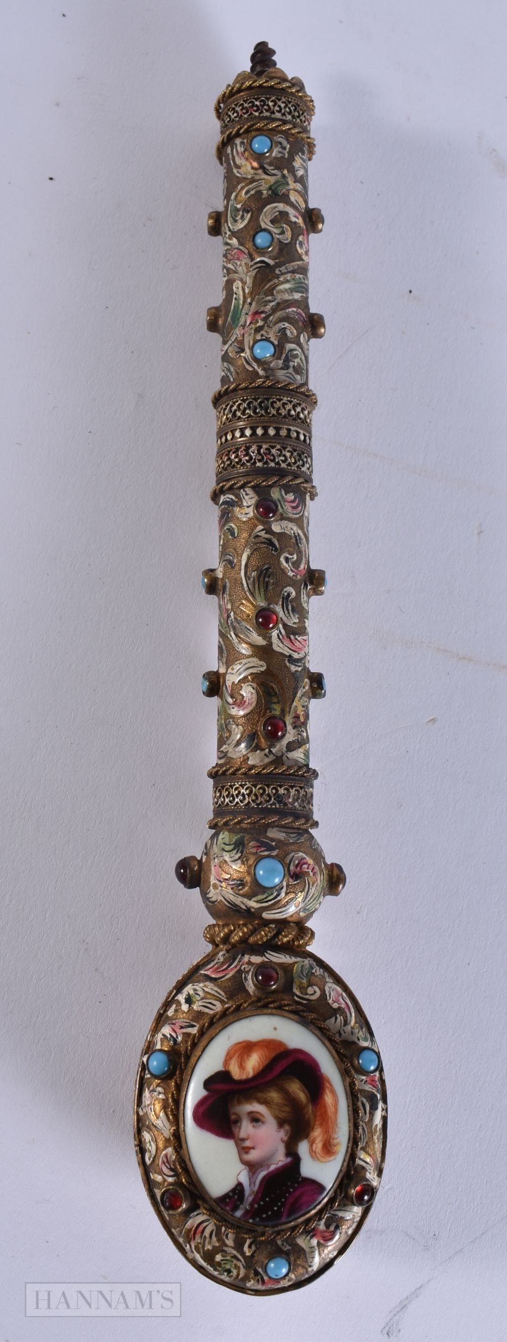 A FINE LARGE 19TH CENTURY AUSTRIAN VIENNA RETICULATED CANE HANDLE enamelled with foliage and inset w (1 of 7)