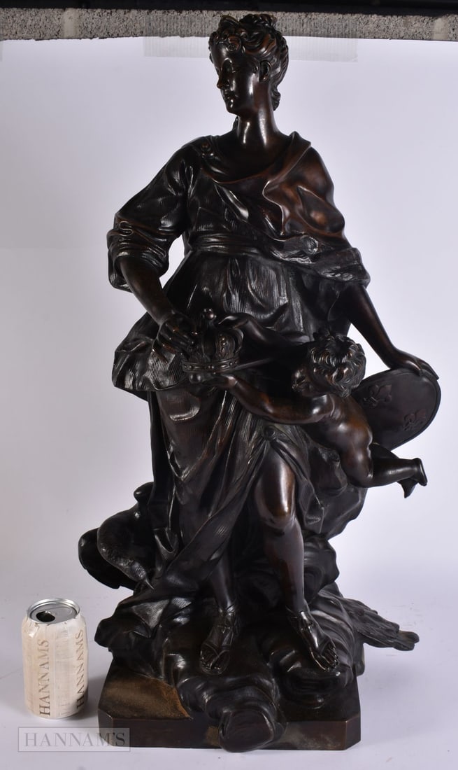 A VERY LARGE 19TH CENTURY EUROPEAN BRONZE FIGURE OF A FEMALE modelled beside a cherub and an entwine (1 of 9)