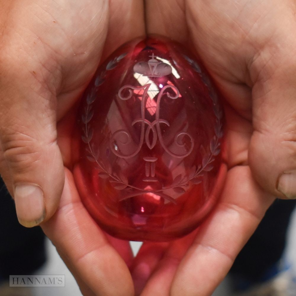A RUSSIAN IMPERIAL RUBY GLASS DOUBLE EAGLE EASTER EGG. 9.5 cm x 6.5 cm. (1 of 4)