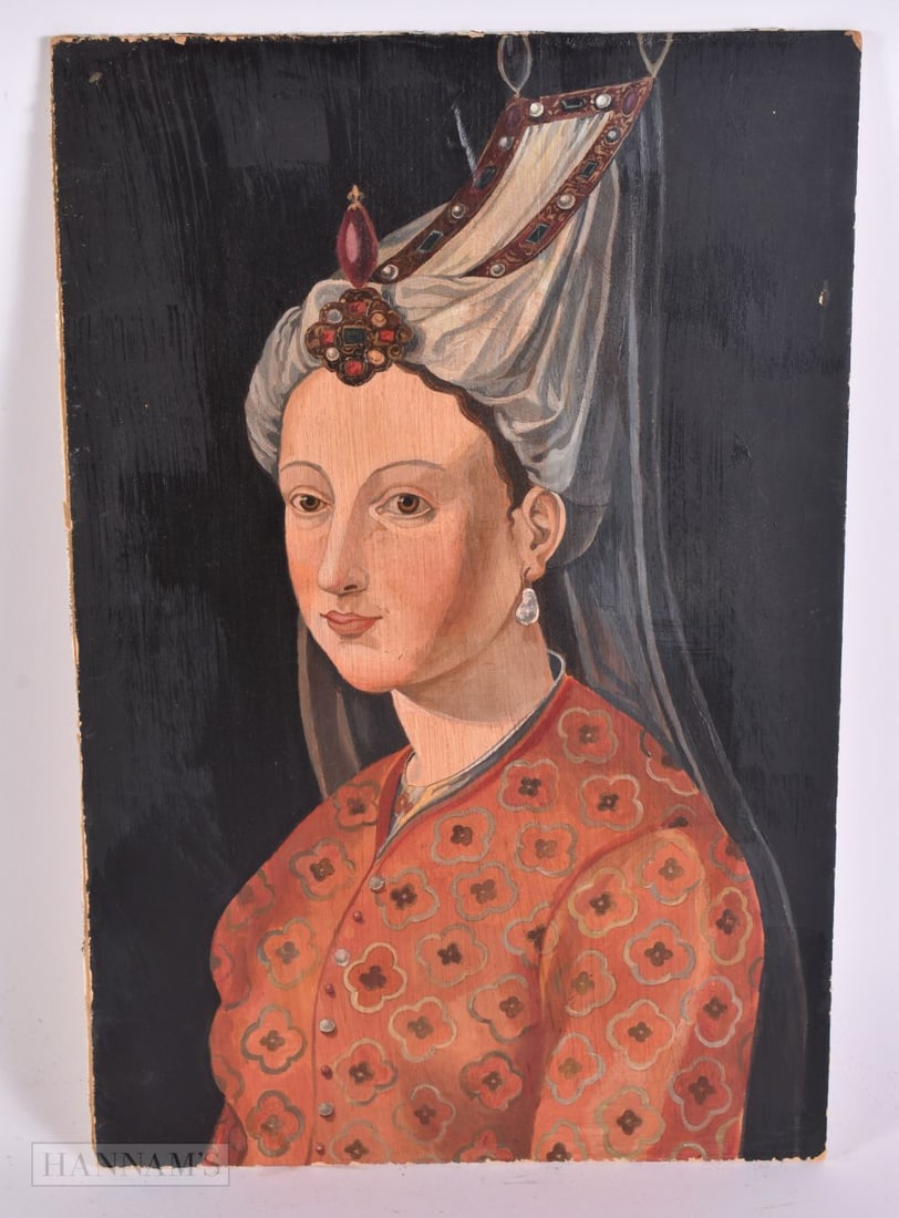 AN OTTOMAN OIL ON CARD depicting a Sultana. 32 cm x 18 cm.: AN OTTOMAN OIL ON CARD depicting a Sultana. 32 cm x 18 cm.