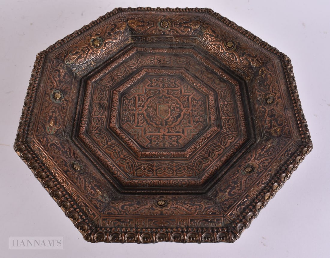 AN UNUSUAL 19TH CENTURY MIXED METAL OCTAGONAL DISH supported upon griffins, in the Manner of Elkingt (1 of 6)