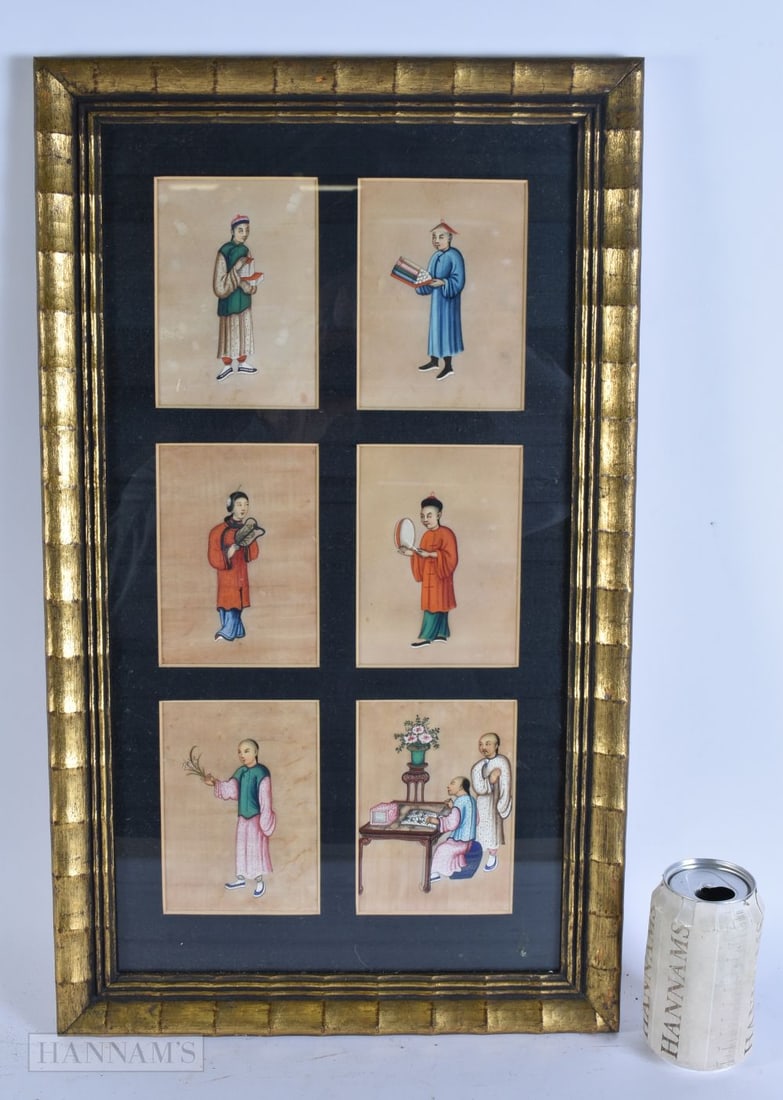 Chinese School (19th Century) 6 x pith watercolours, figures. 58 cm x 35 cm, each pith 13 cm x 9.5 c (1 of 8)