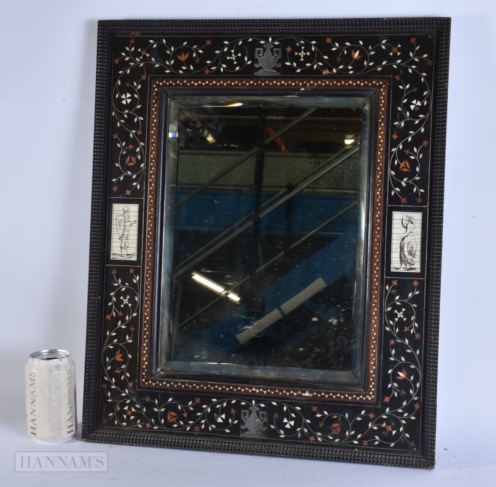 AN 18TH/19TH CENTURY EUROPEAN BONE INLAID MIRROR decorated with foliage and figural panels. 56 cm x (1 of 6)