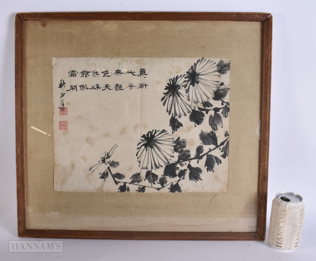 A CHINESE QING DYNASTY ALBUM PAINTING depicting flowers and insects. 54 cm x 48 cm, image 37 cm x 28 (1 of 6)