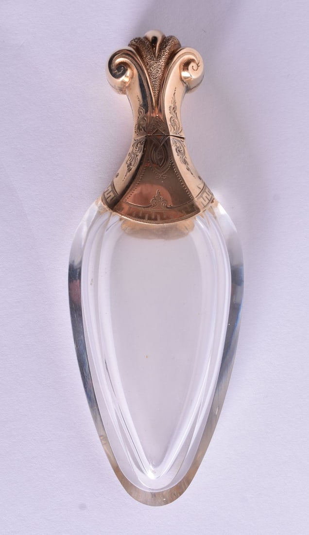 A Glass Scent Bottle with Continental 18 Carat Gold Top. Dutch / French Marks. 11cm x 4cm x 1.9cm, (1 of 3)