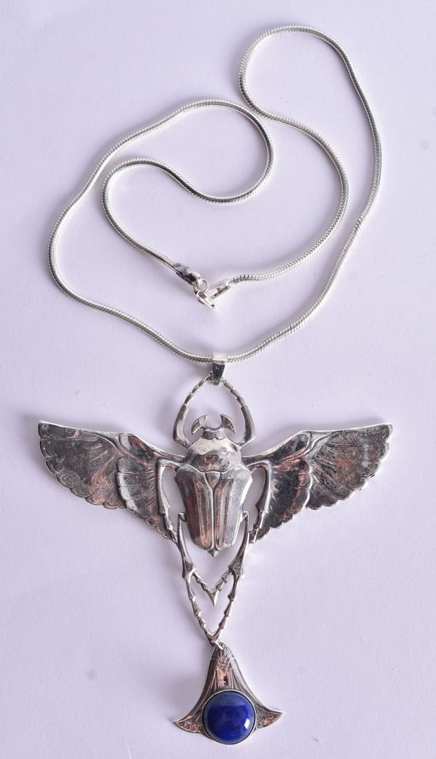 A Silver Scarab Pendant Necklace. Stamped 925. Pendant 9.2cm x 8.8cm, Chain 46cm long, weight 43.8g (1 of 3)